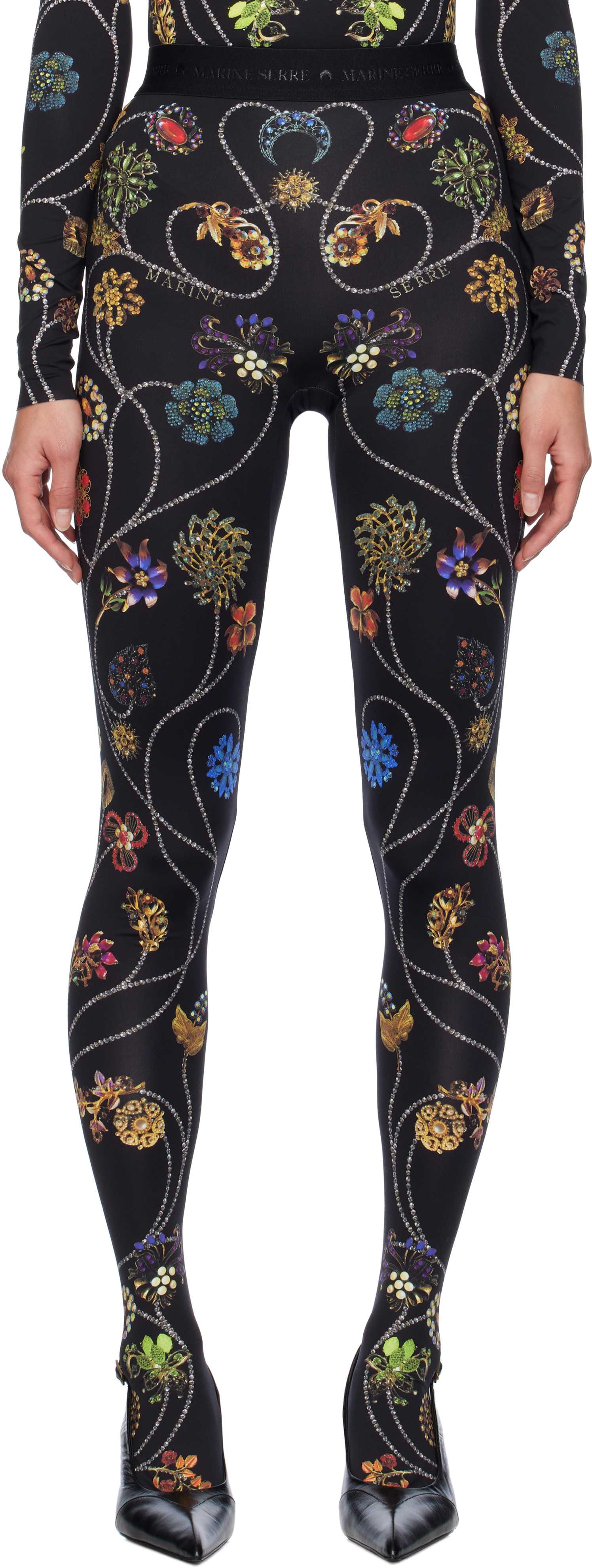 Shop Marine Serre Black Floral Jewelry Printed Jersey Leggings In Pt04 Black Jewelery