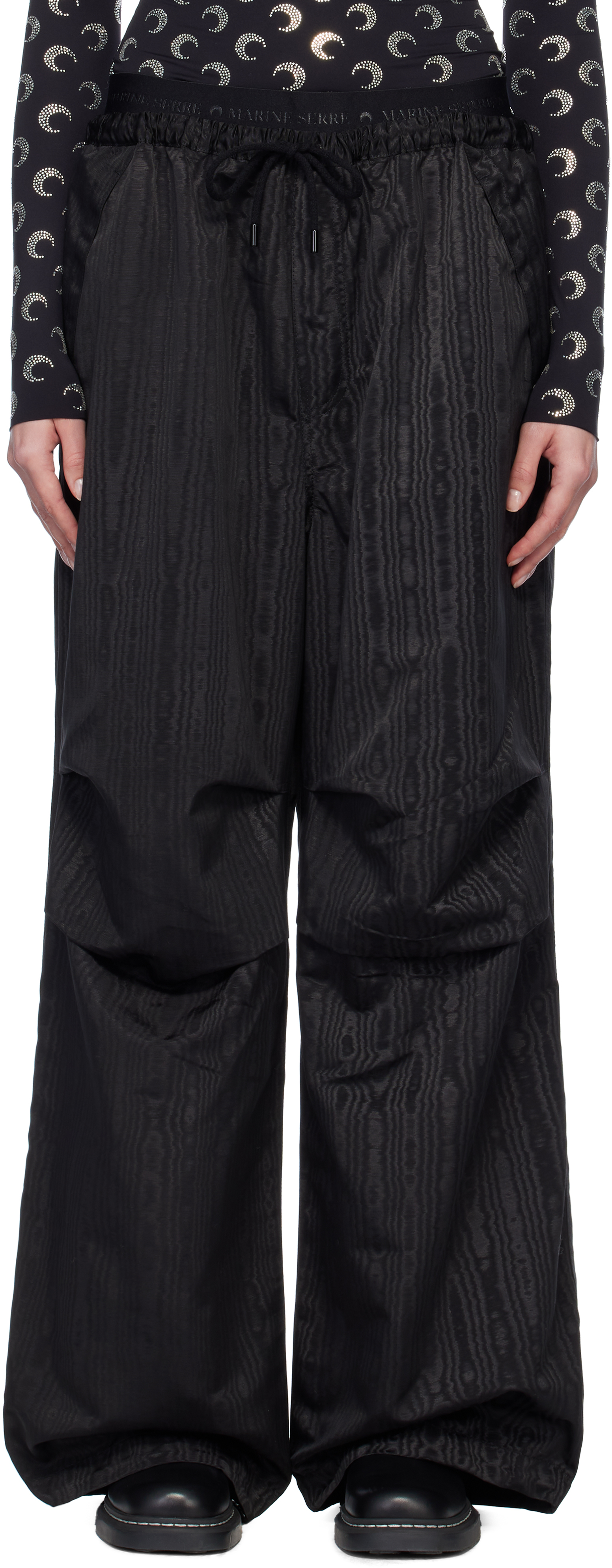 Black Recycled Moiré Parachute Trousers