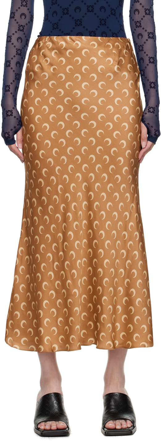 Shop Marine Serre Tan All Over Moon Flou Midi Skirt In Bg70 Dark Camel