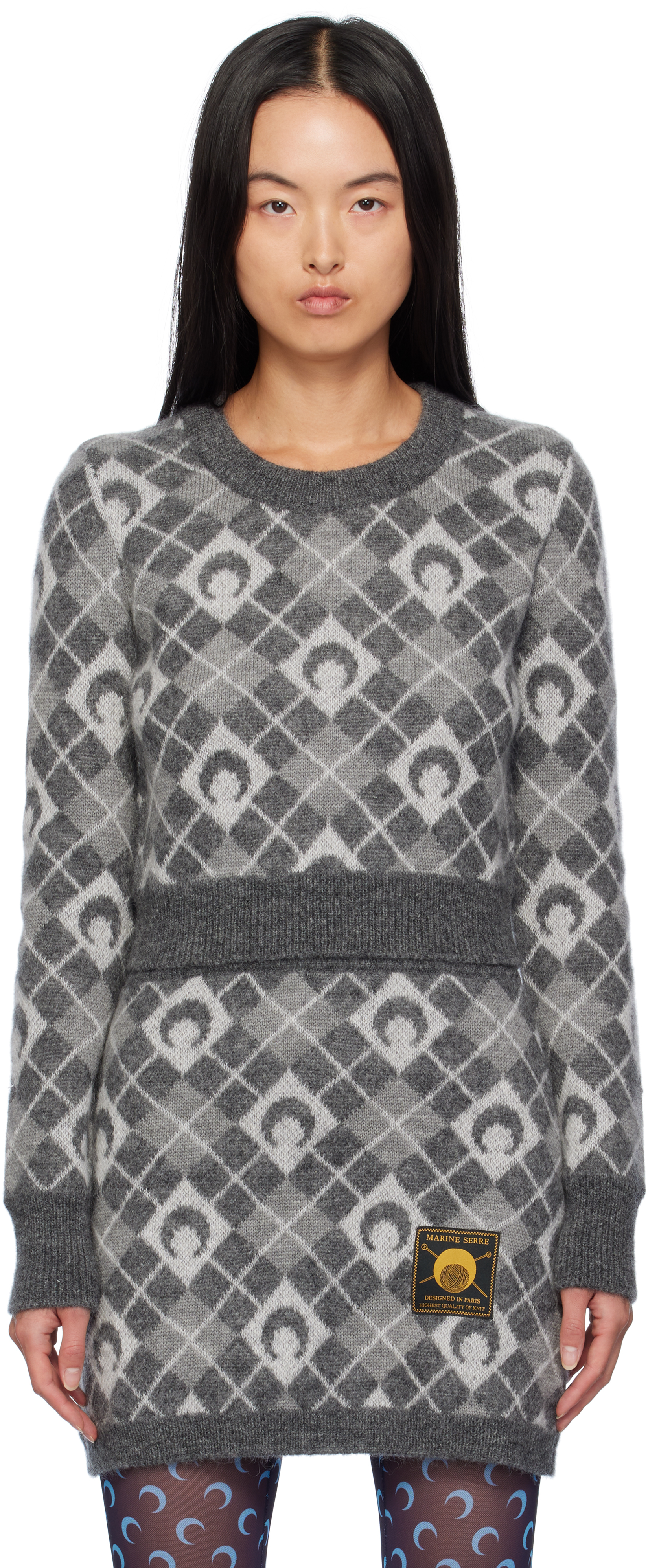 Shop Marine Serre Gray Moon Argyle Knit Cropped Sweater In Gr00 Light Grey