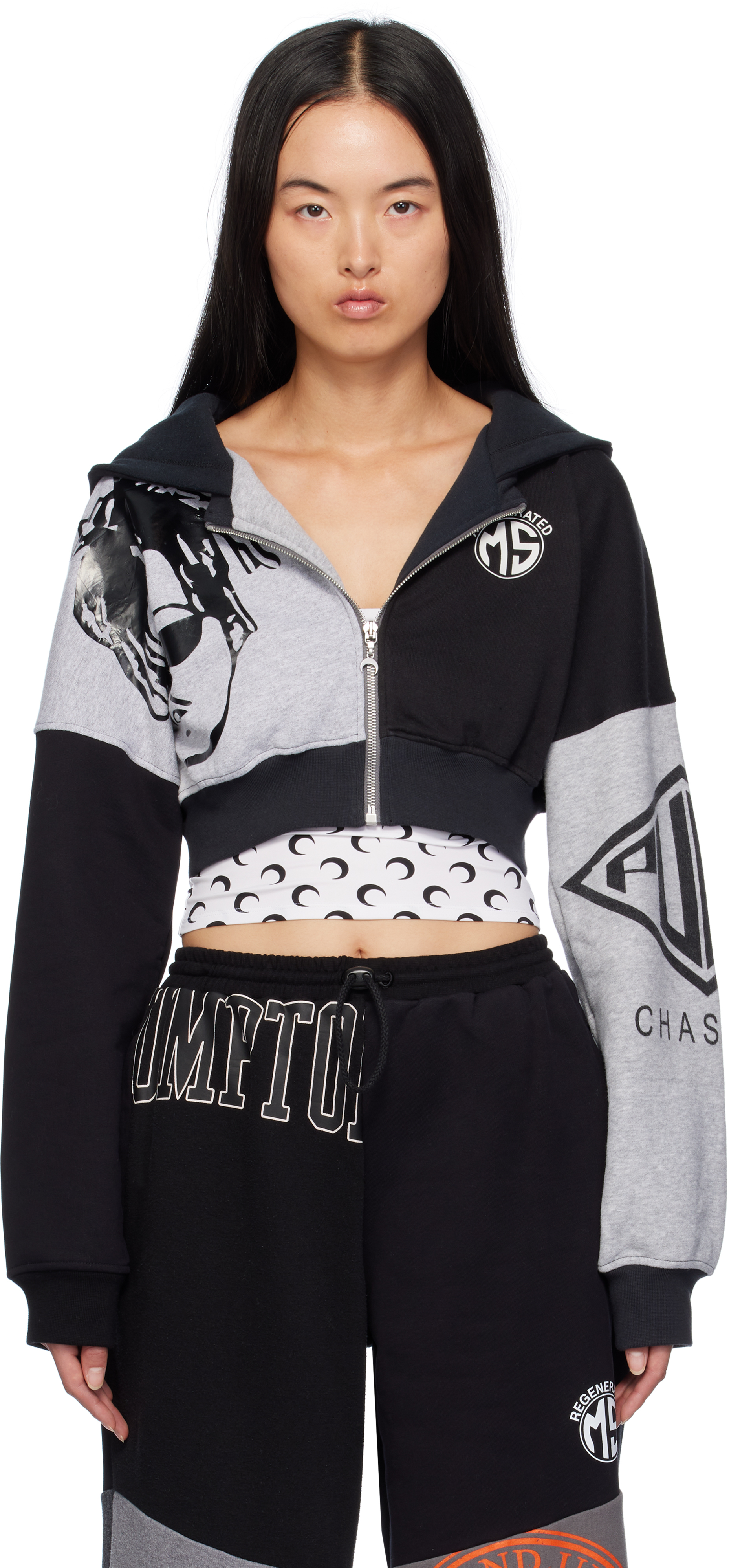 Black & Gray Upcycled Graphic Cropped Zipped Hoodie