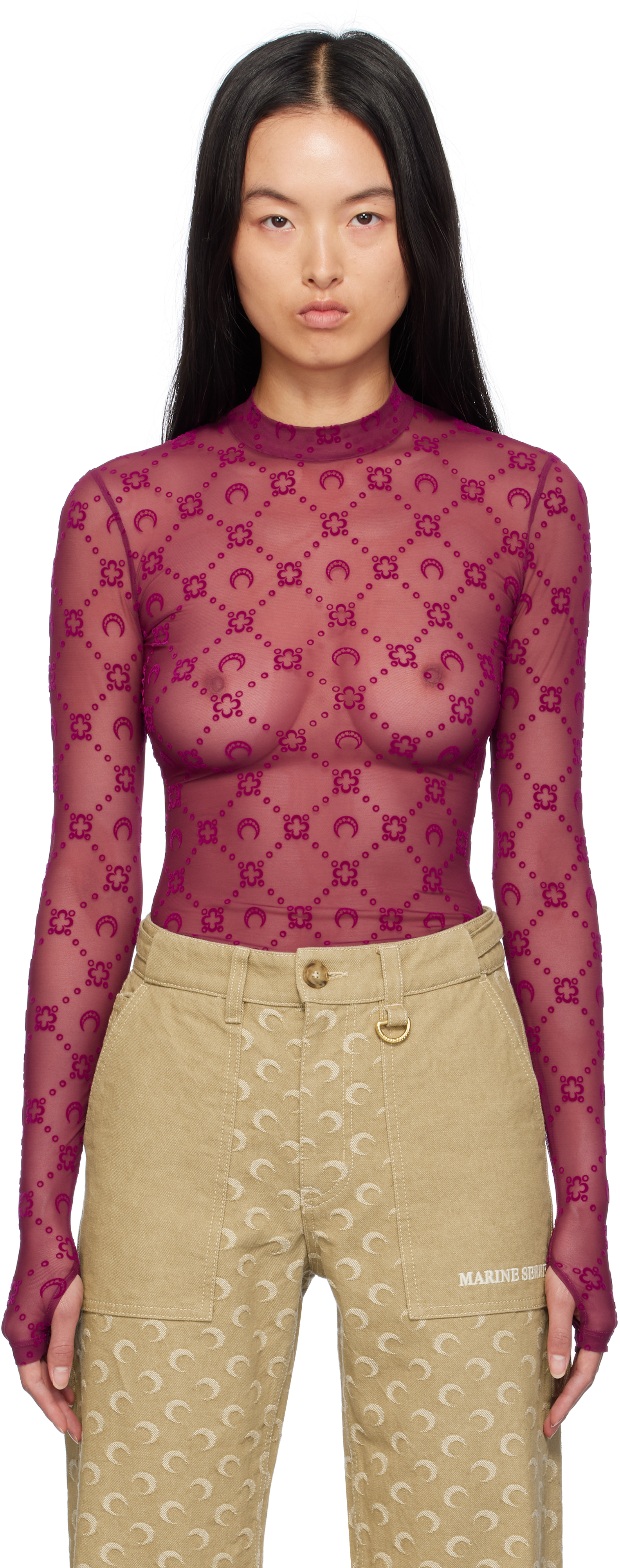 Shop Marine Serre Purple Moonogram Mesh Flock Second Skin Top In Rd50 Cherry