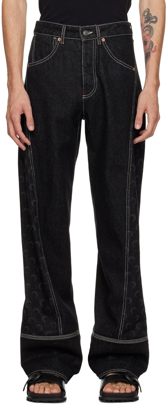 Shop Marine Serre Black Moon Laser Curved Jeans In Bk99 Black