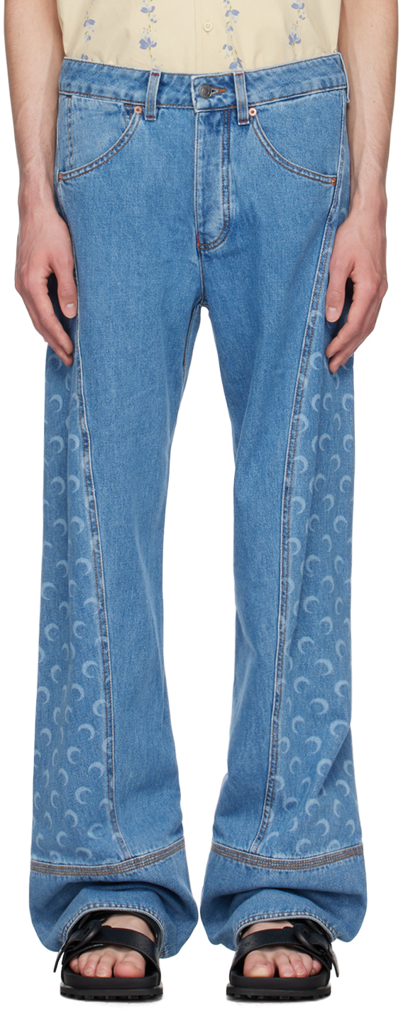 Shop Marine Serre Blue Moon Laser Curved Jeans In Bl05 Light Blue