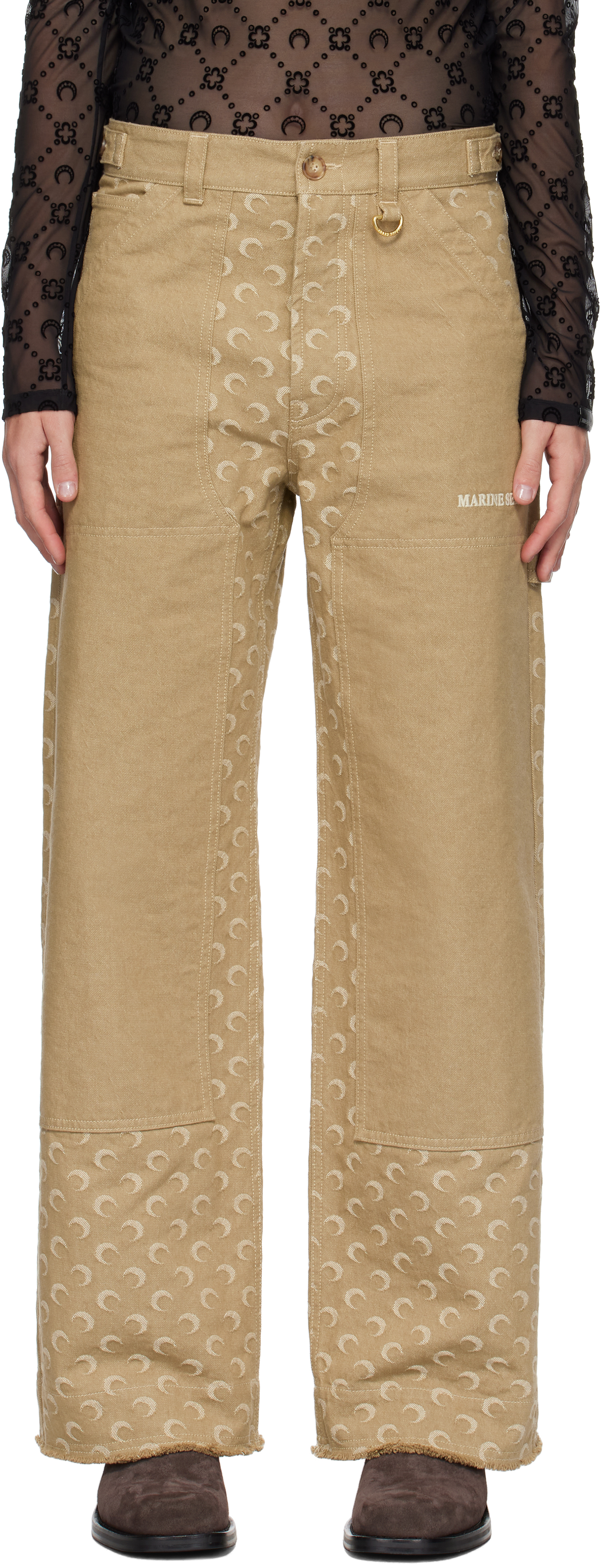 Shop Marine Serre Beige Moon Jacquard Workwear Pants In Bg50 Dark Beige