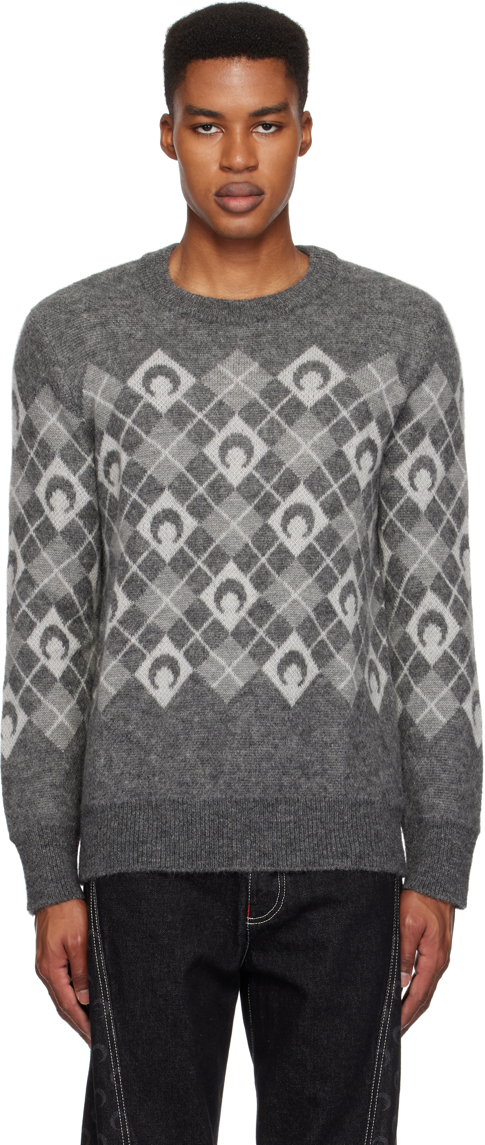 Gray Moon Argyle Knit Crewneck Sweater