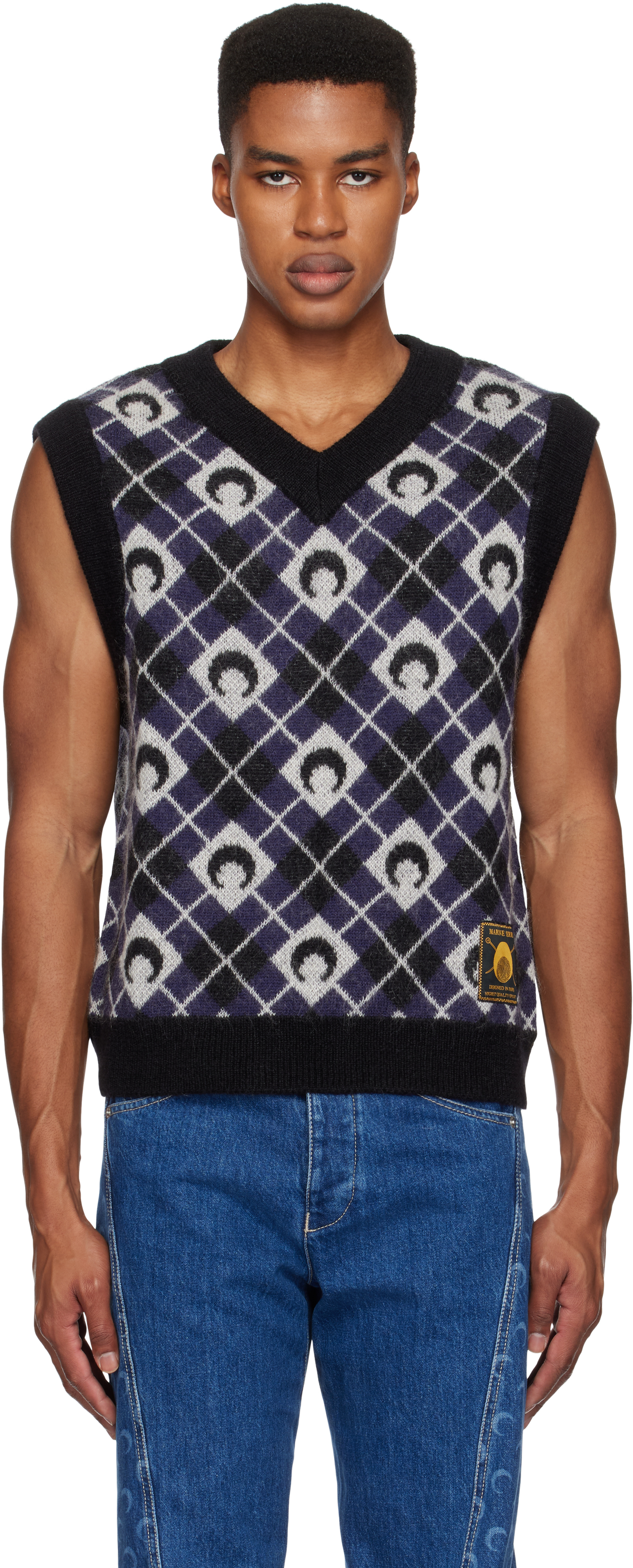 Black & Navy Moon Argyle Knit Vest by Marine Serre on Sale