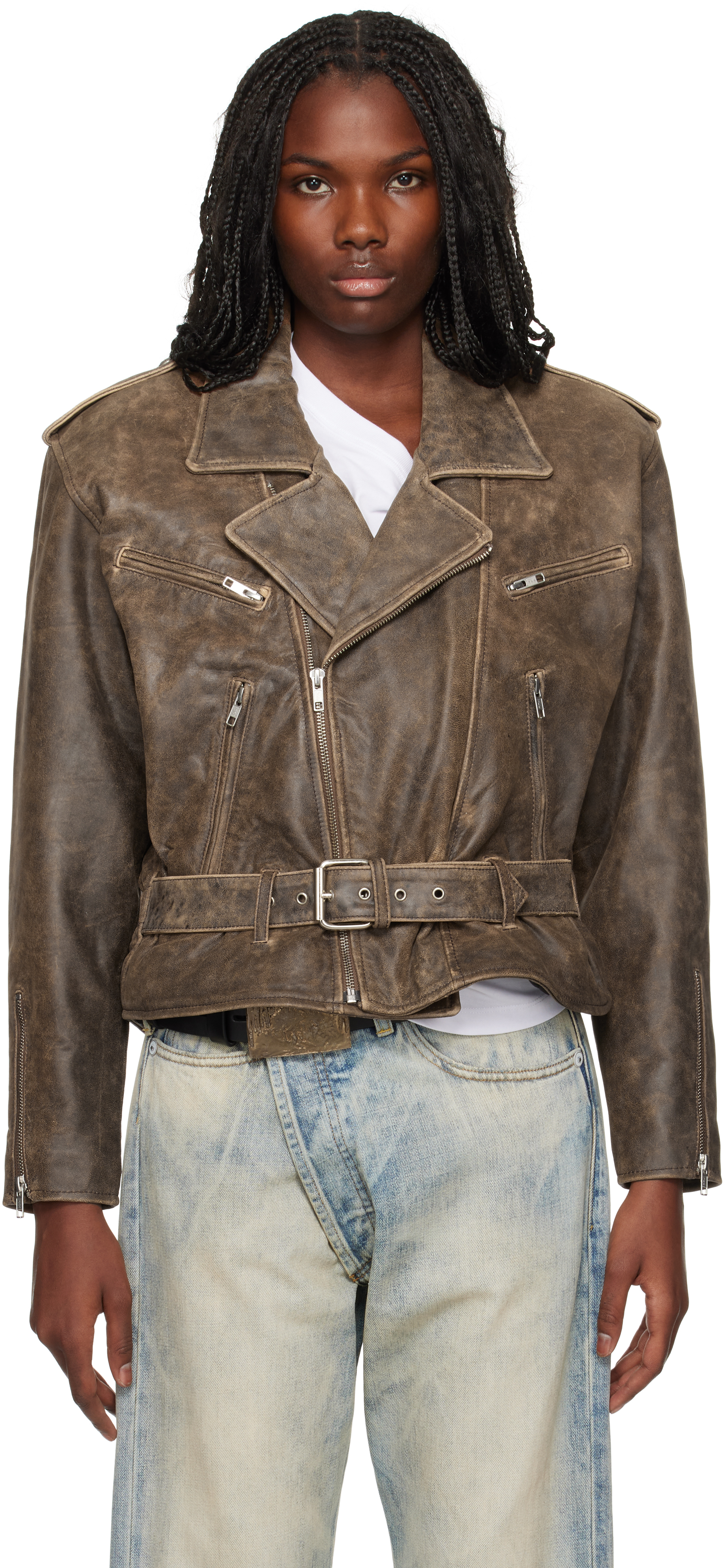 Brown Exaggerated Shoulder Motorcycle Leather Jacket