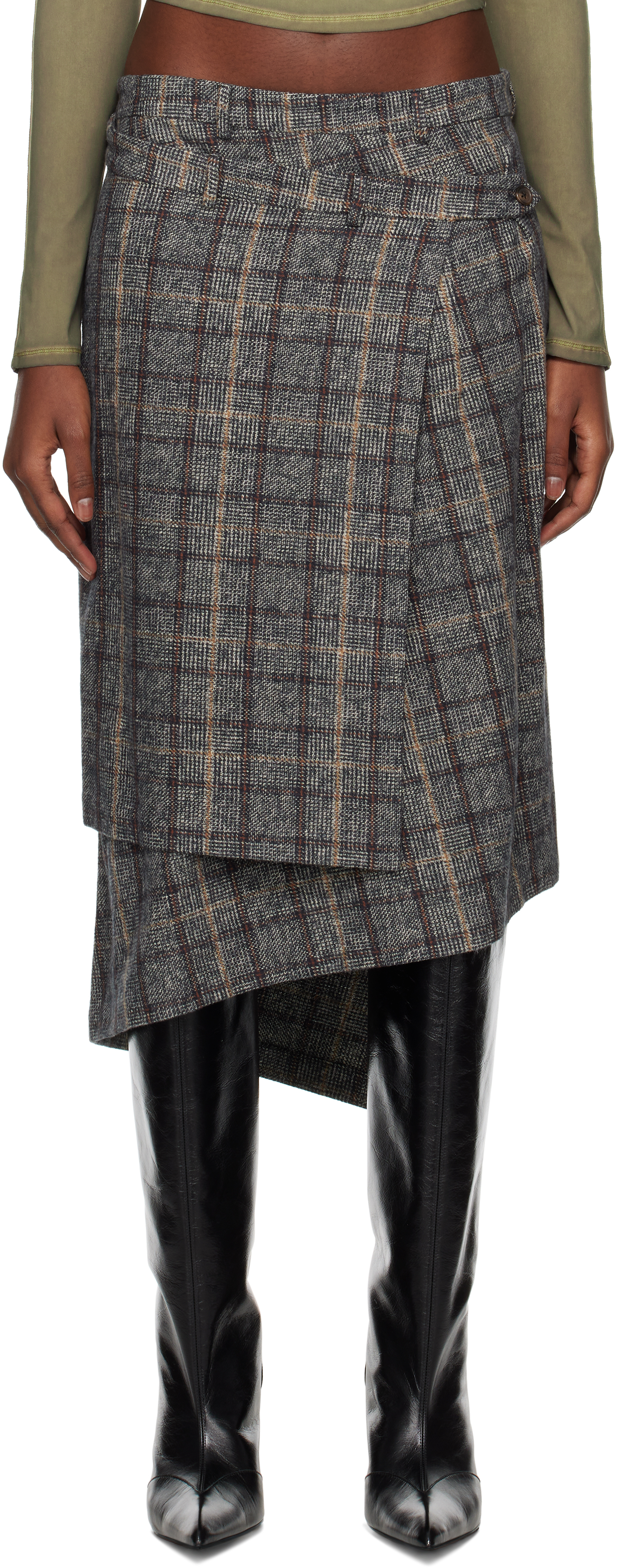 R13 Gray Wrap Midi Skirt In R432a Grey Plaid