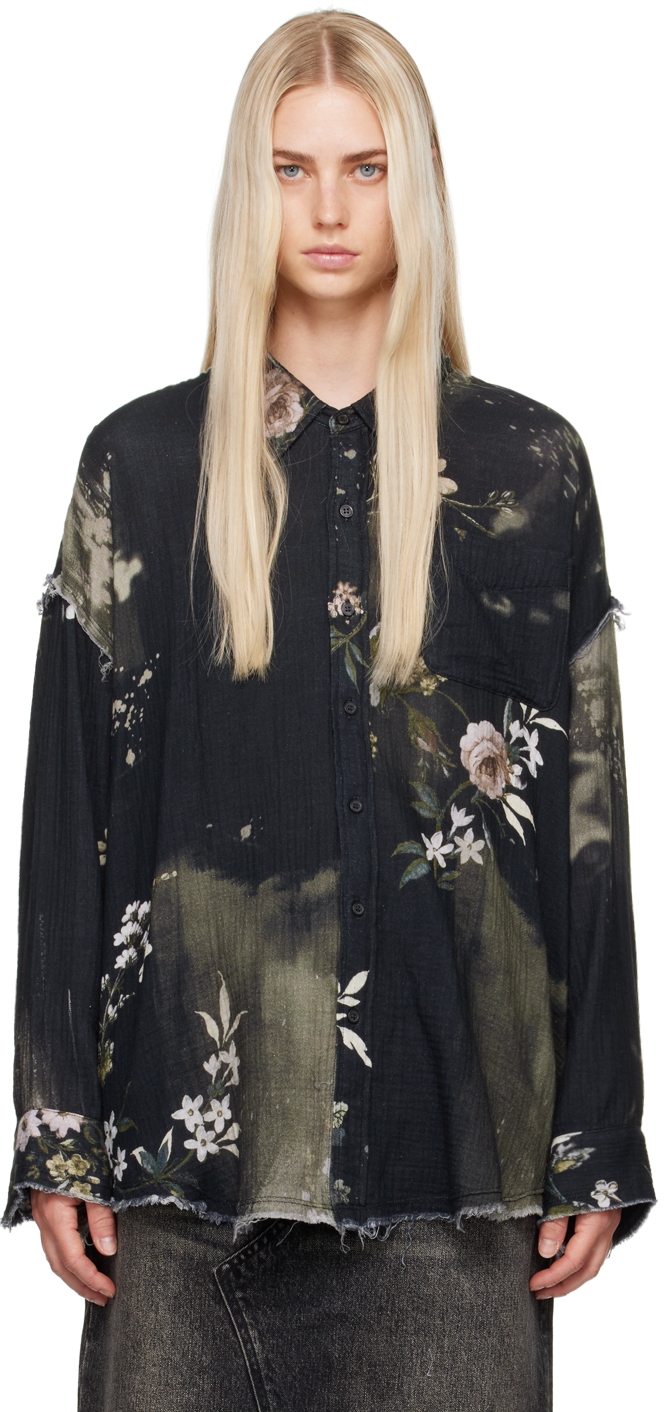 Shop R13 Black Shredded Seam Drop Neck Shirt In Blk Bleached Floral