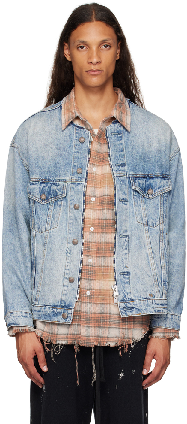 Shop R13 Blue Collarless Trucker Denim Jacket In Caxton Blue