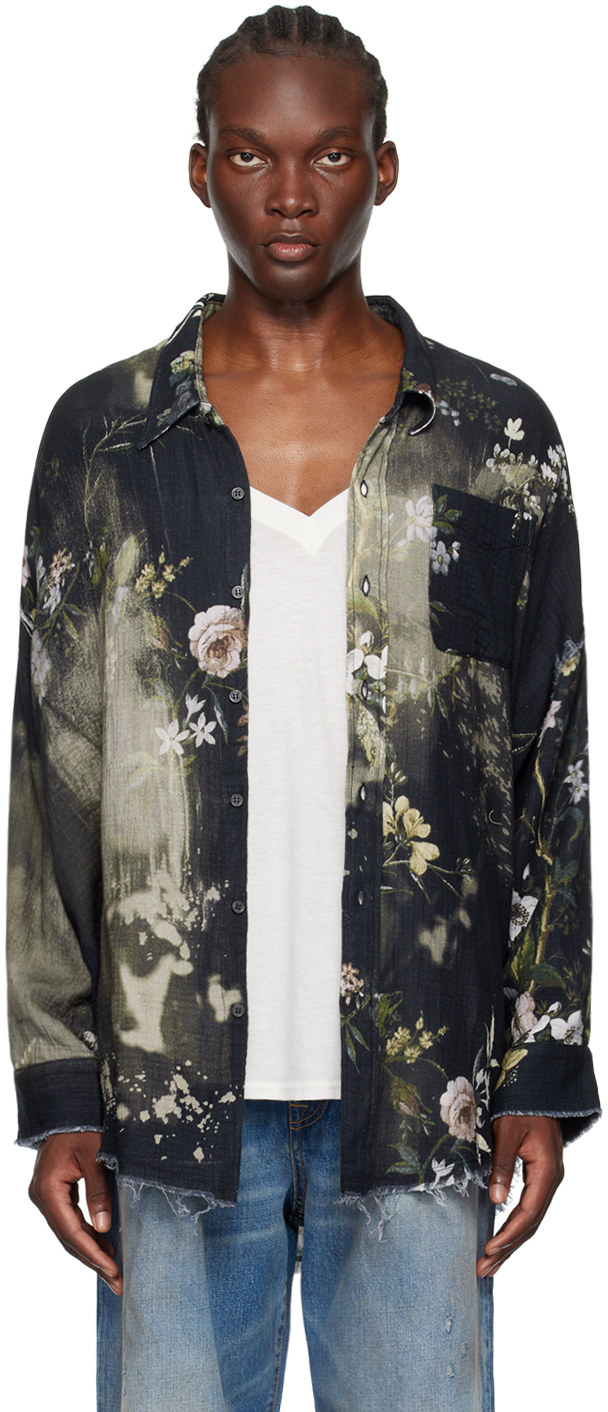 Shop R13 Black Shredded Seam Drop Neck Shirt In Black Bleach Floral