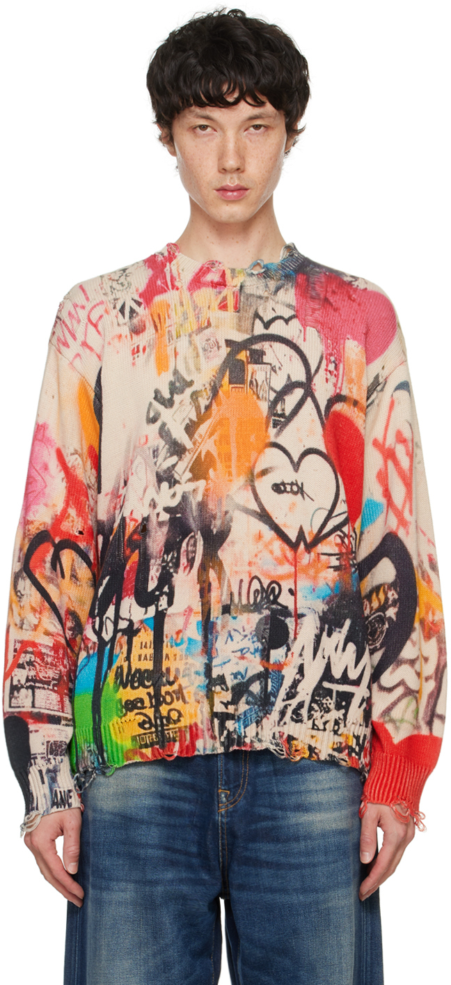 Shop R13 Multicolor Printed Boyfriend Sweater In Heart Graffiti Print