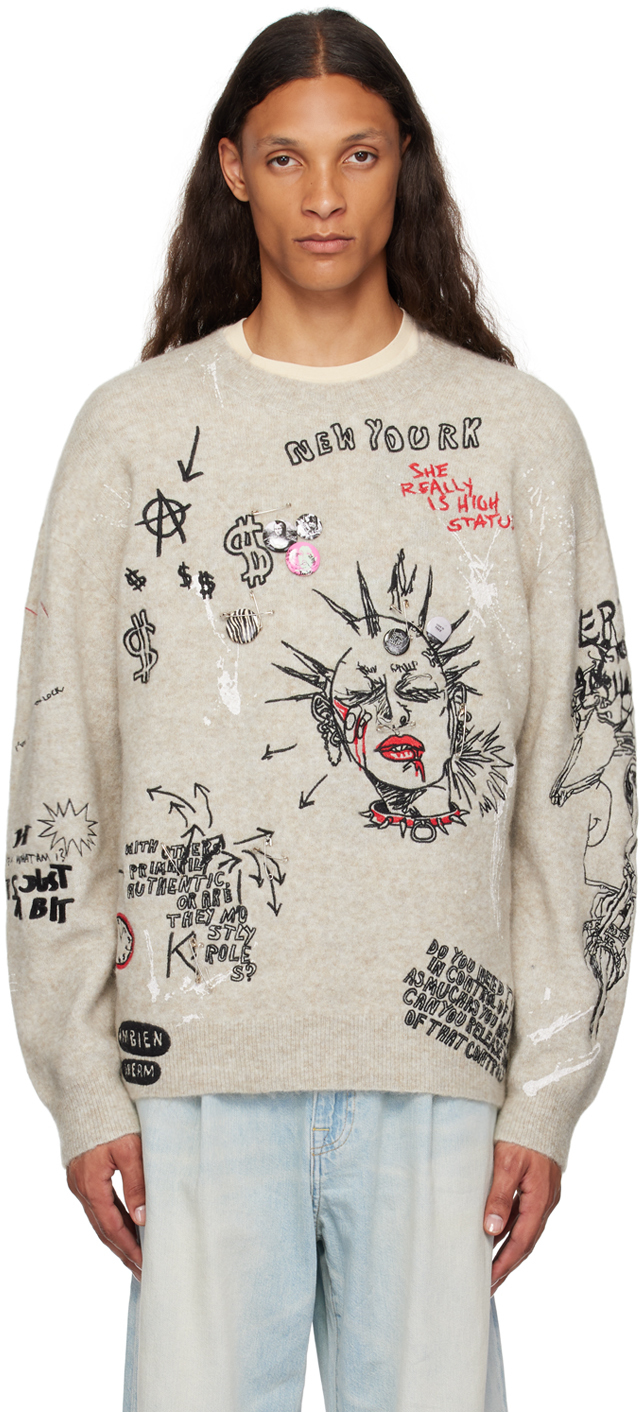 R13 BEIGE EMBROIDERED BOYFRIEND SWEATER 