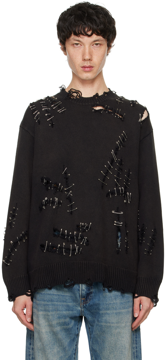 Shop R13 Black Slashed Boyfriend Sweater In Black With Pins