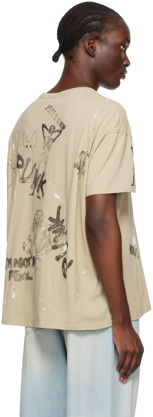 R13 Beige Relaxed Stamp T-shirt In Khaki W Paint