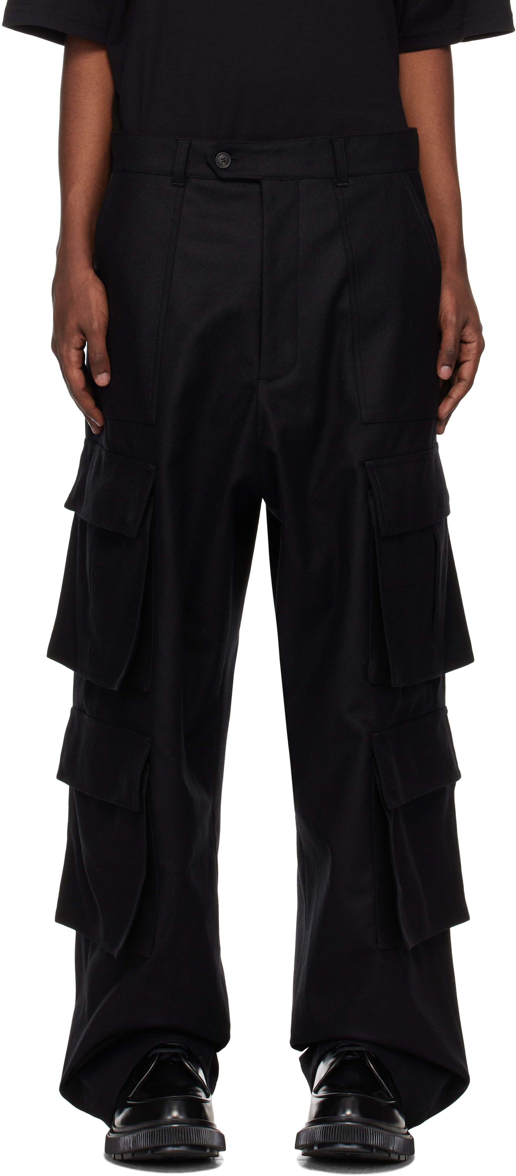 Shop Lownn Black Flannel Wool Wide Leg Cargo Pants