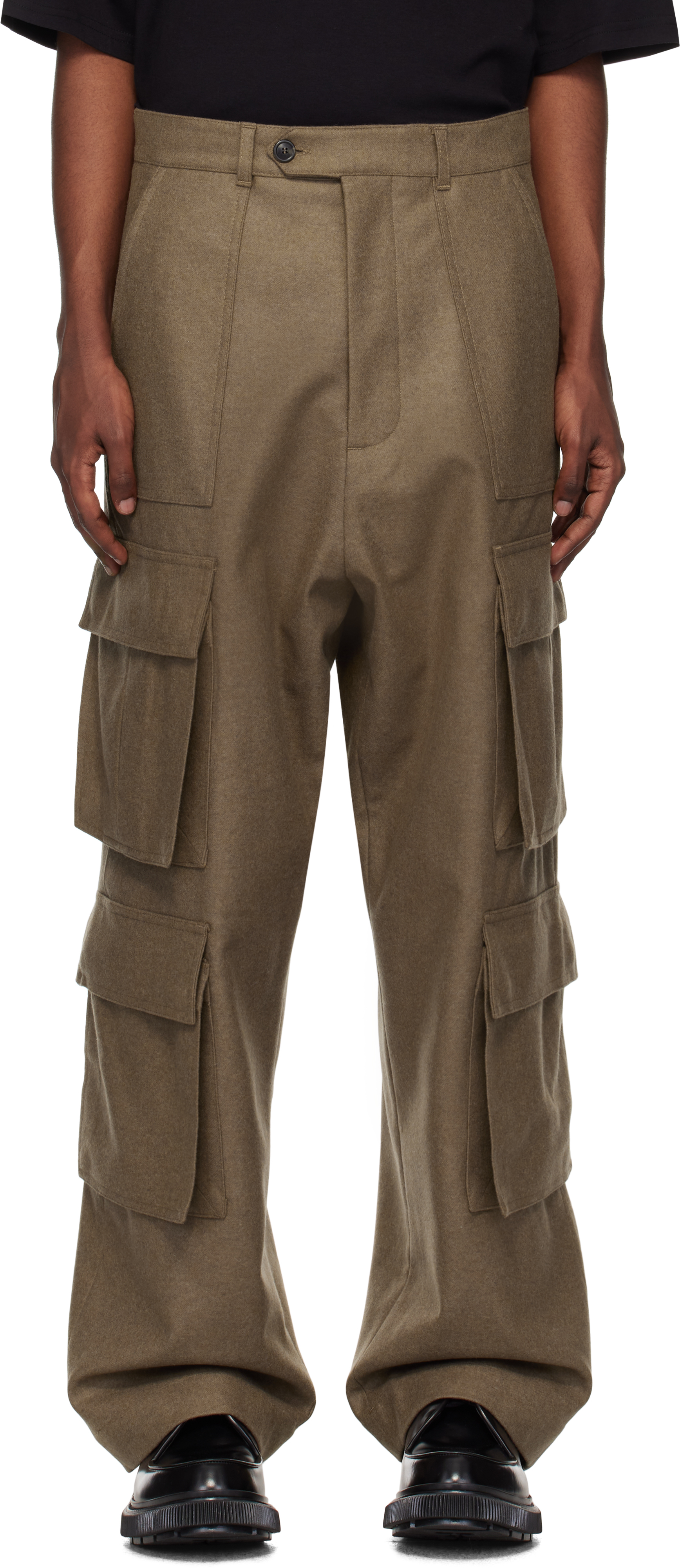 Taupe Flannel Wool Long Cargo Pants