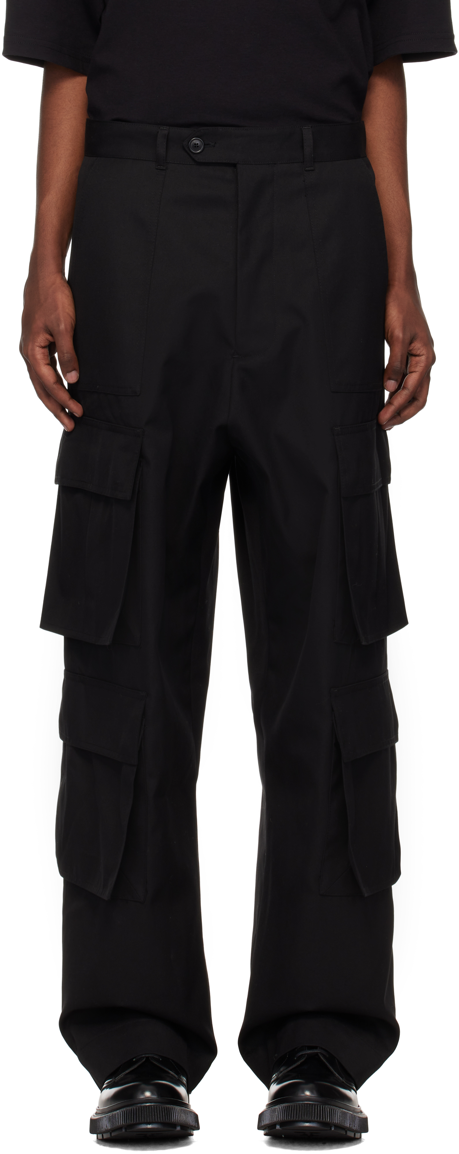 Black Twill Wide Leg Cargo Pants