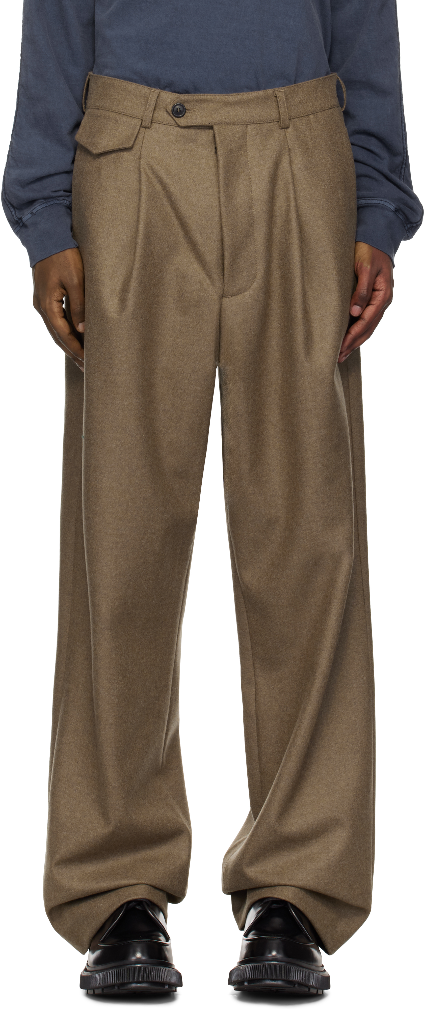 Taupe Flannel Wool Wide Trousers