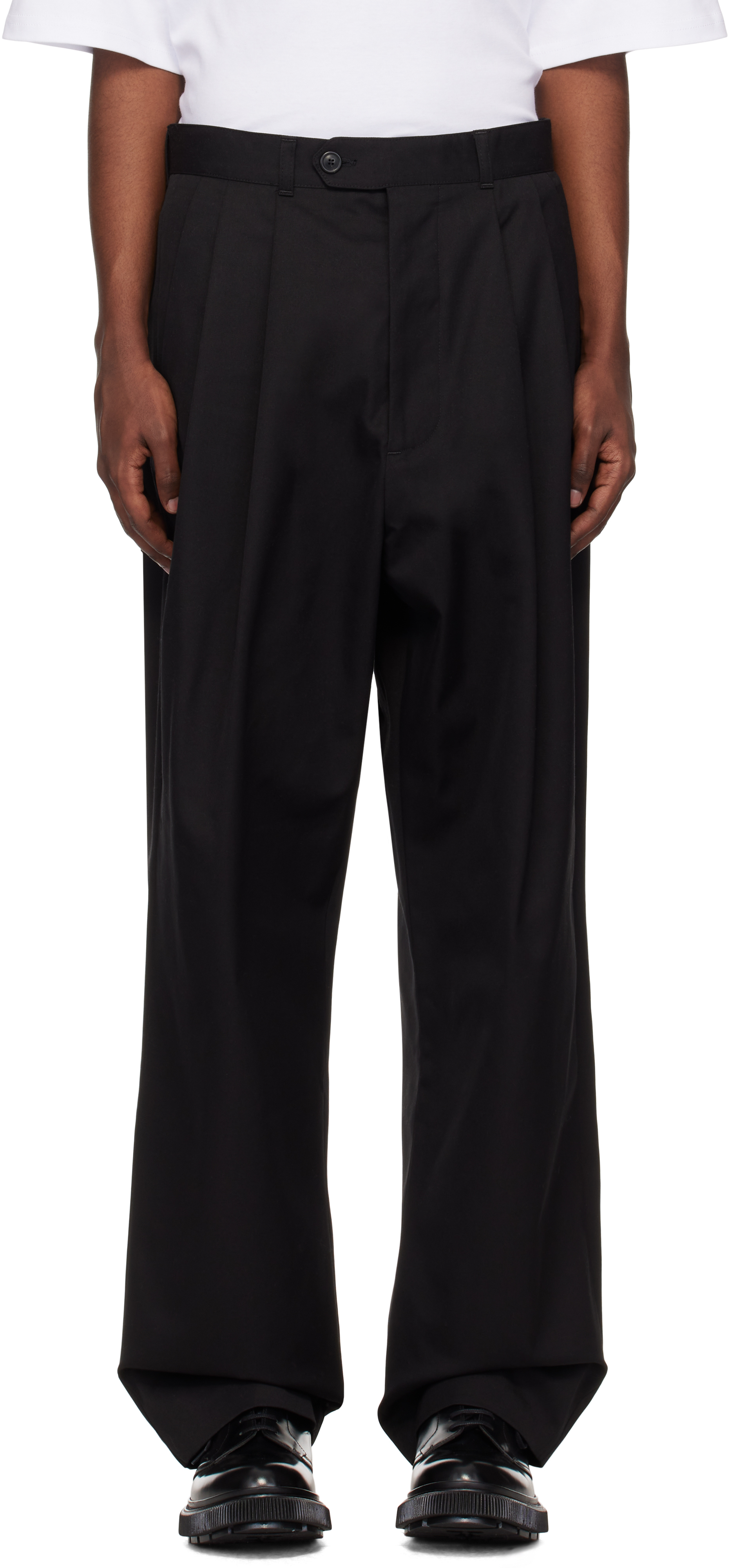 Black Cotton Gabardine Double Pleated Wide Trousers