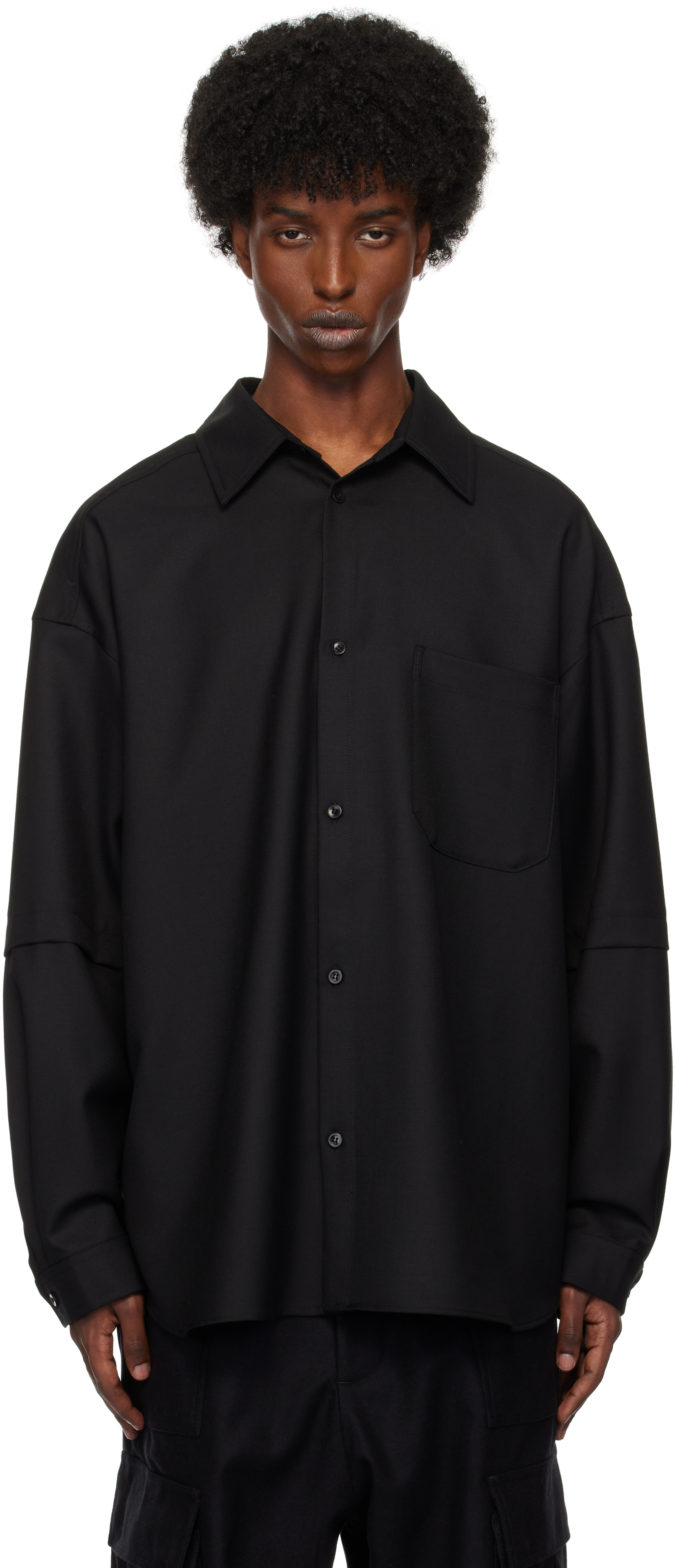 Black Wool Twill Layered Shirt