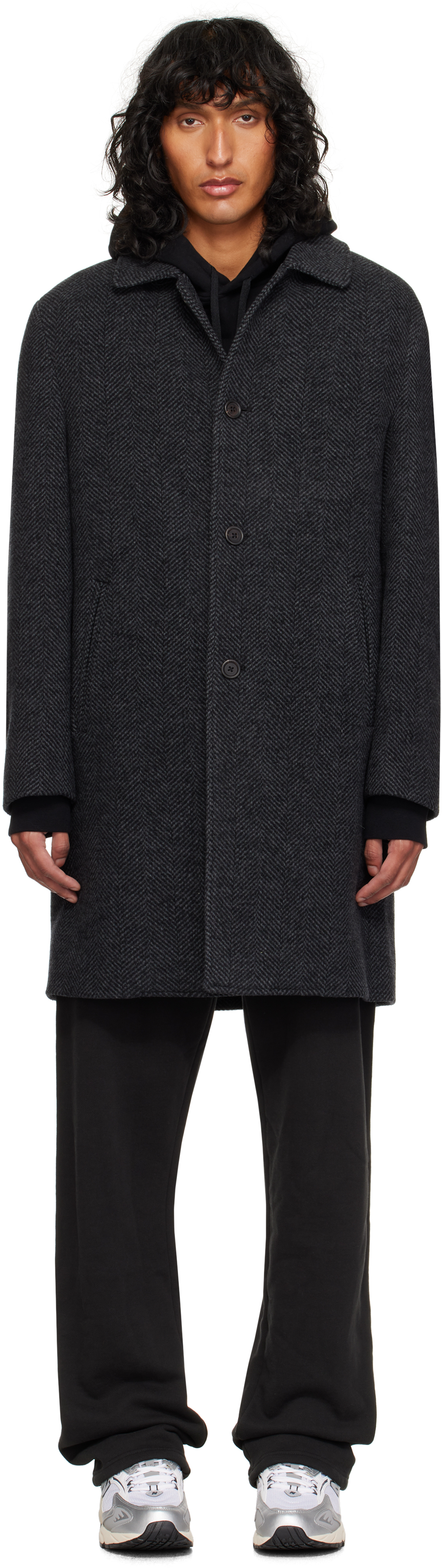 Reigning Champ Black & Grey Wool Herringbone Scout Coat In Herringbone Black