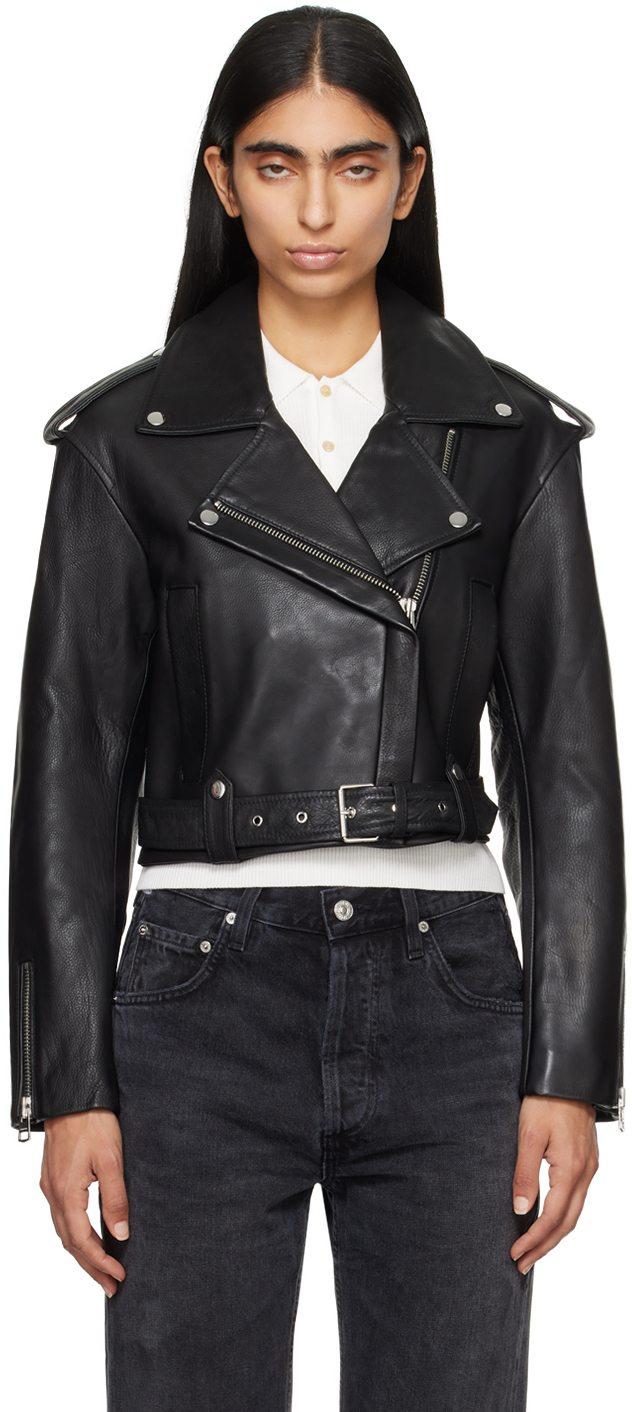 Black Kindra Cropped Moto Leather Jacket