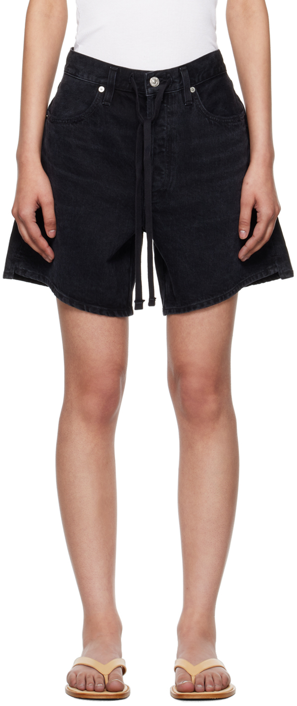 Shop Citizens Of Humanity Black Brynn Drawstring Denim Shorts In Mdsky