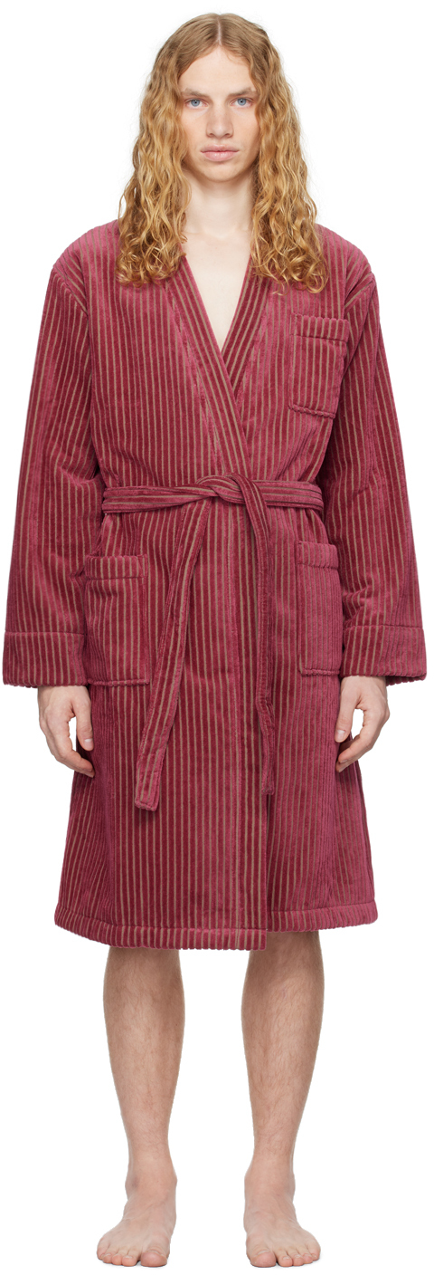 Shop Oas Burgundy Striped Velour Bathrobe In Botanico