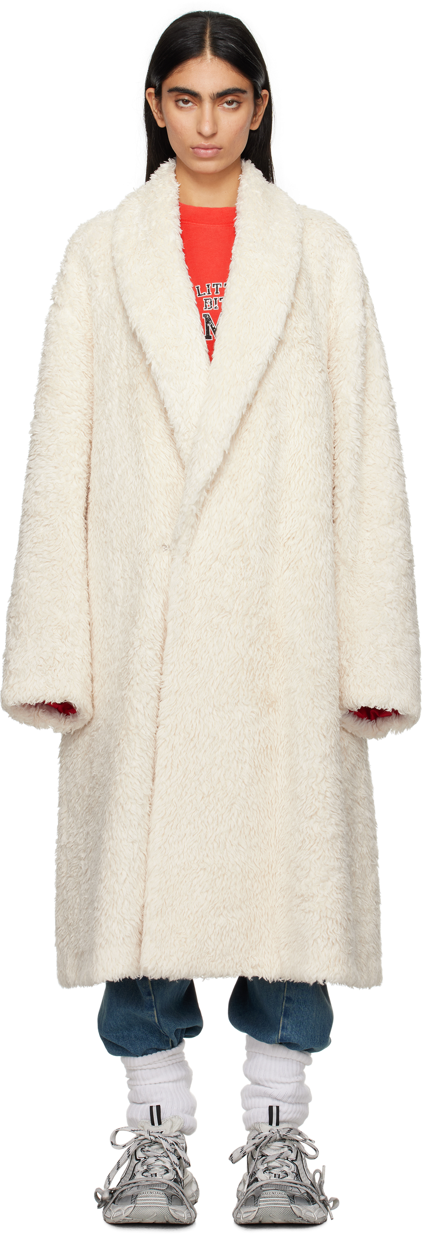 Doublet Off-white Cotton Long Faux-fur Coat In Ivory