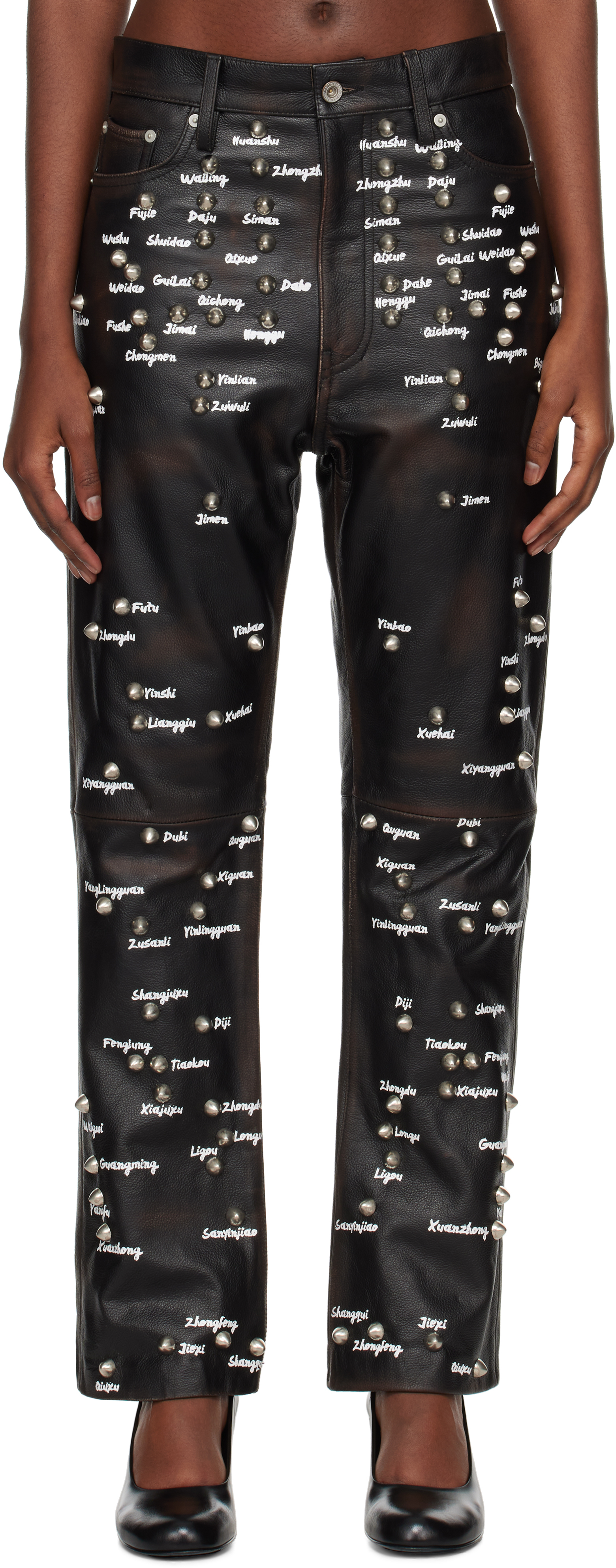 Black Pressure Points Studs Leather Pants