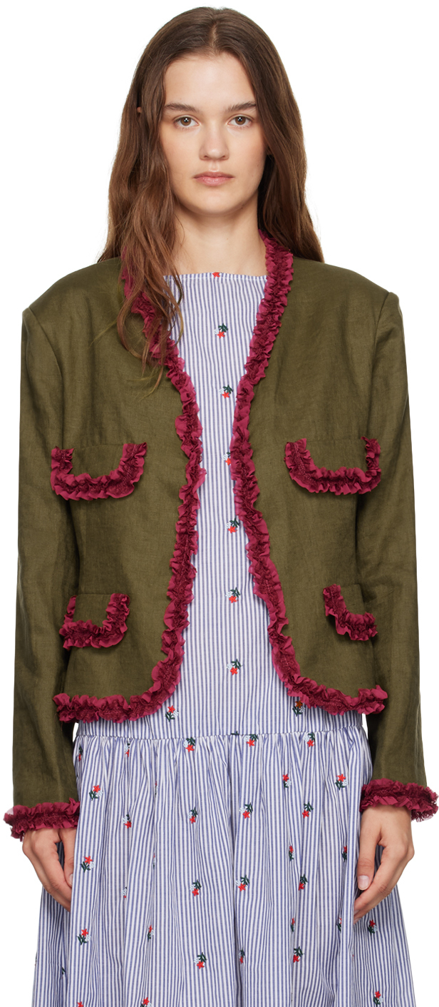 Shop Caro Editions Khaki Tusnelda Jacket In Olive / Fuschia