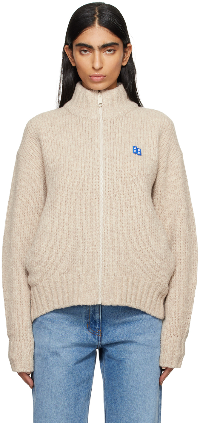 Shop Ader Error Beige Trs Tag Knit Zip-up 01 Sweater In Oatmeal