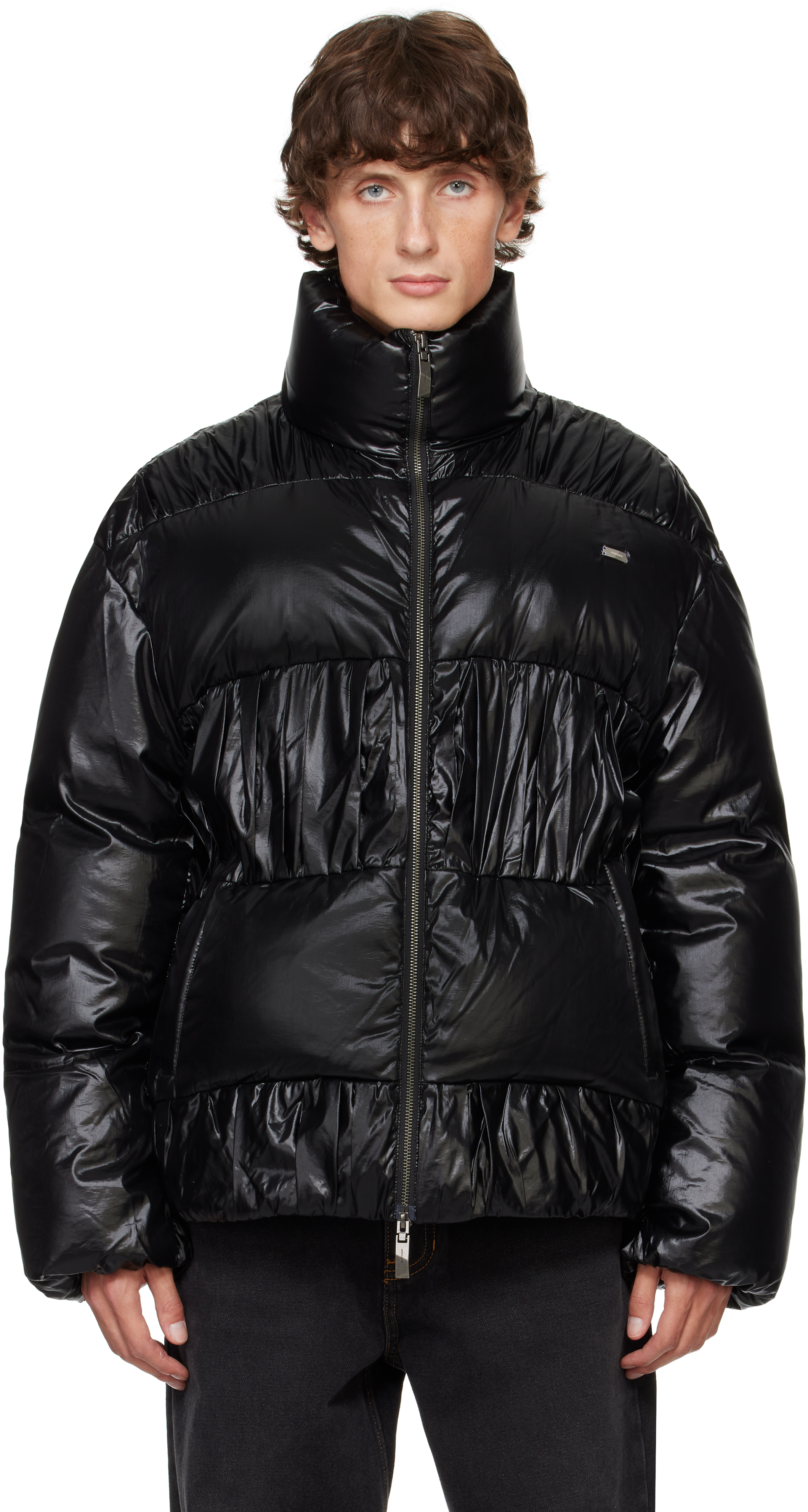 Shop Ader Error Black Gathered Down Jacket In Noir