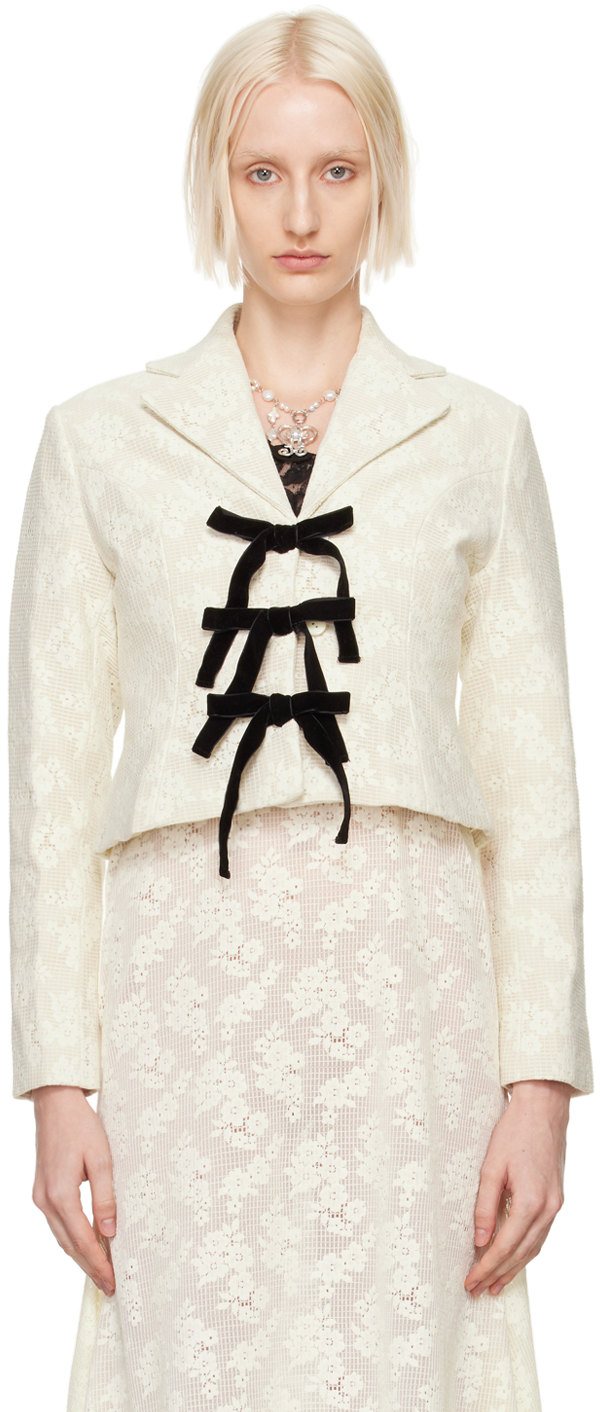 Shop Yuhan Wang Off-white Floral Lace & Bows Jacket In Ivory