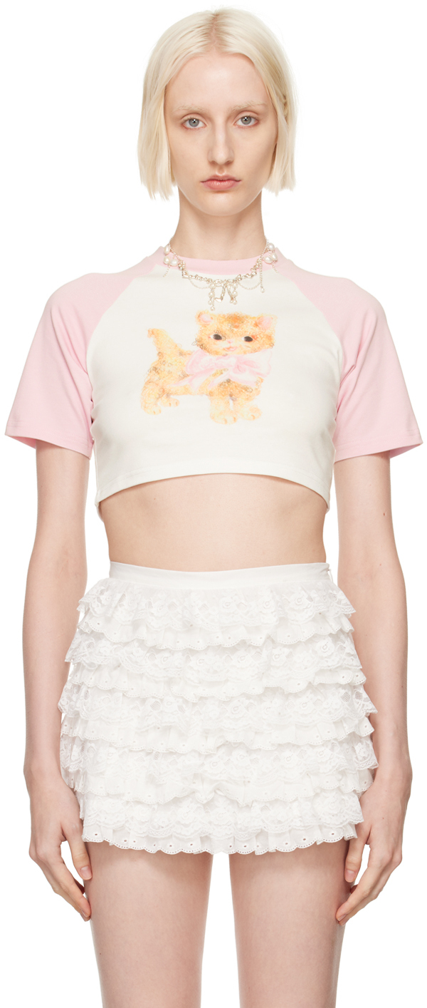 Shop Yuhan Wang White & Pink Cat Raglan T-shirt In White/pink