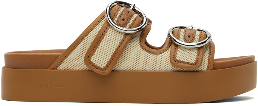 Off-White & Tan Geo Buckle Platform Slides