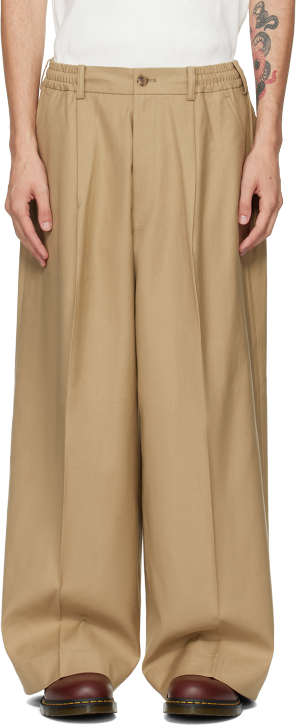 Beige Cotton Pleated Trousers