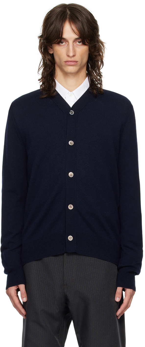 Shop Comme Des Garçons Homme Deux Navy Buttoned Wool Cardigan In 2 Navy