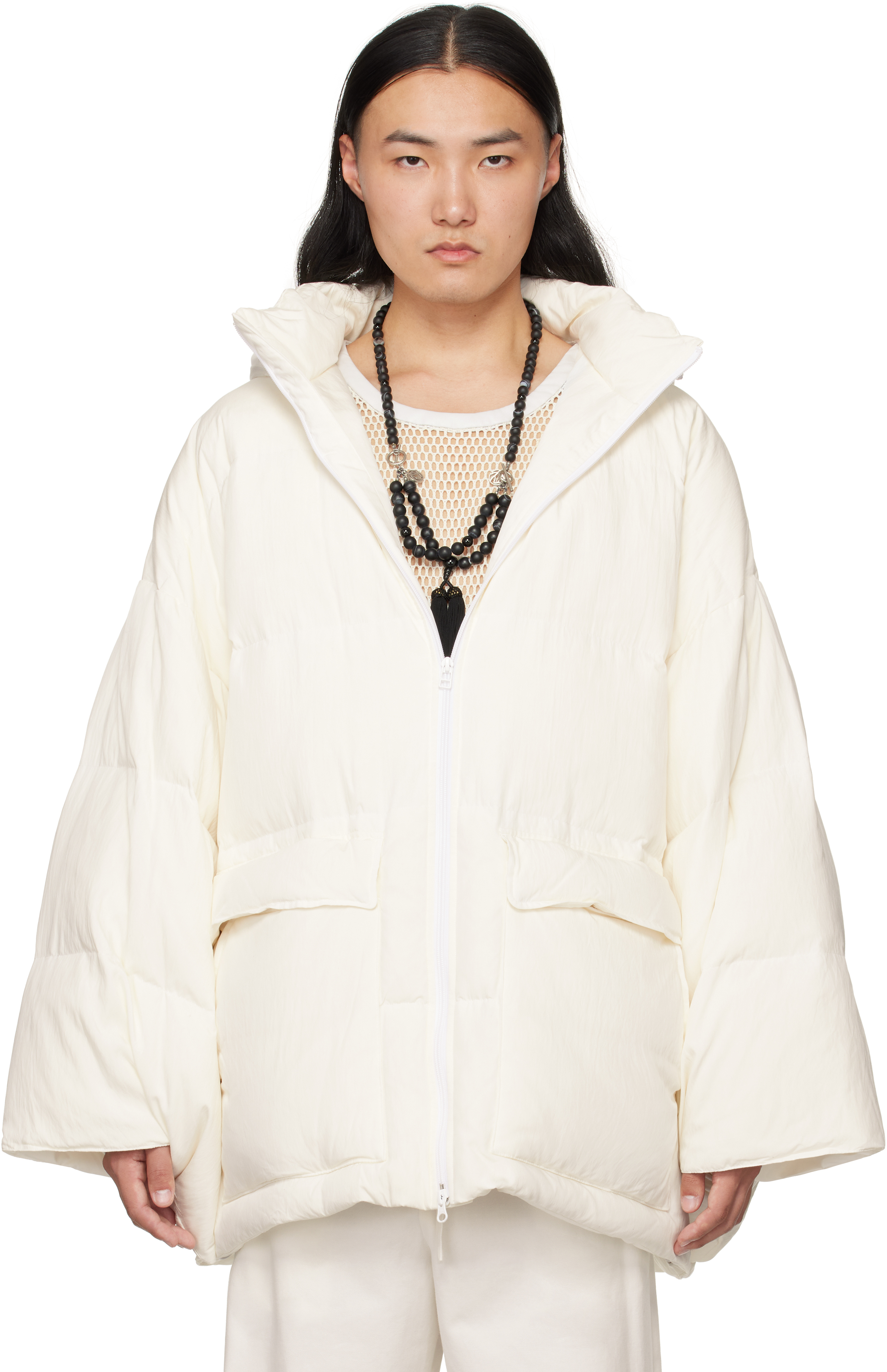 Shop Soshiotsuki White Kimono Sleeve Down Jacket