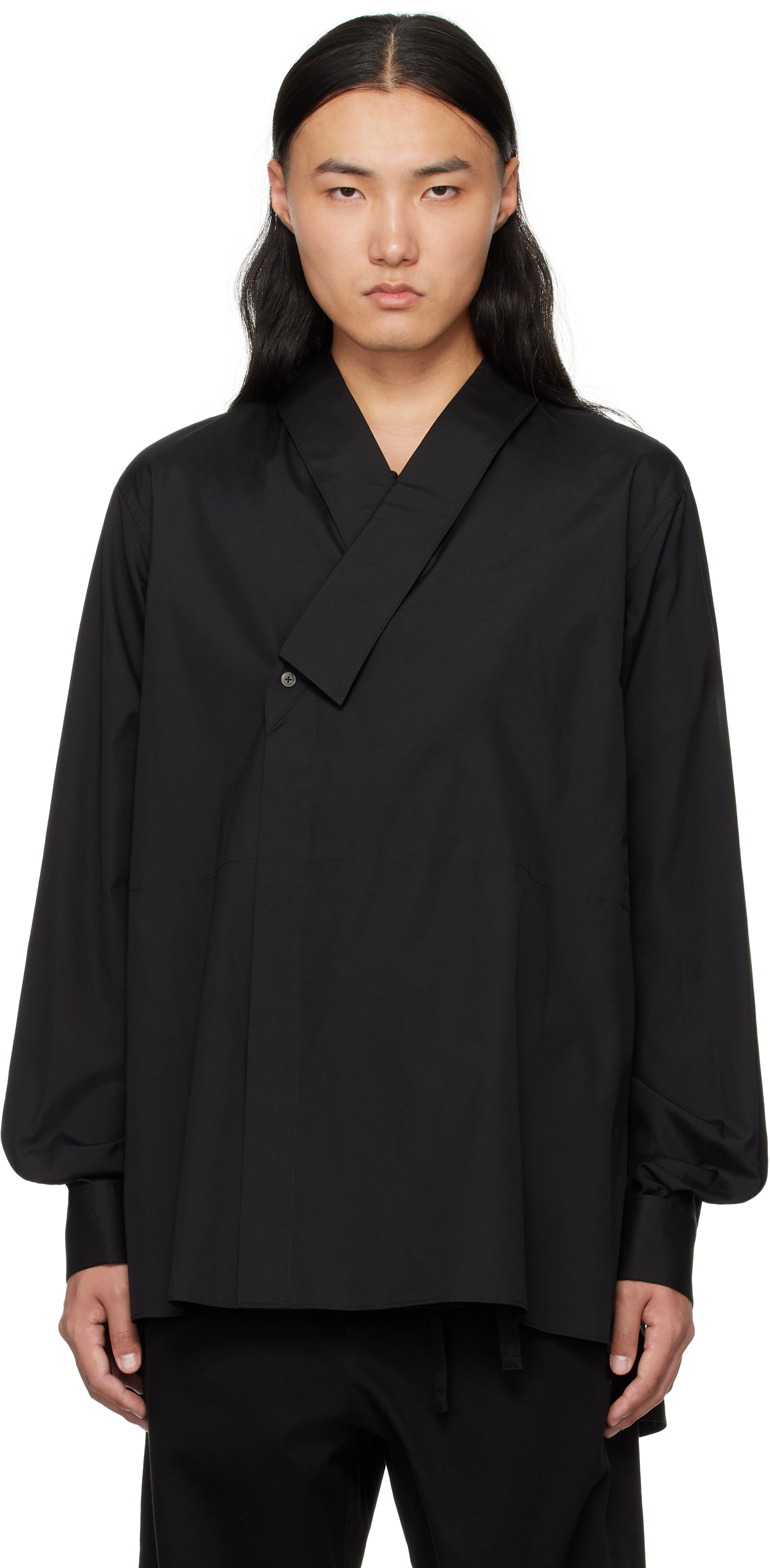 Shop Soshiotsuki Black Kimono Collar Shirt