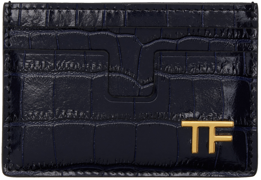 Shop Tom Ford ネイビー シャイニー クロコエンボス カードケース In 1l023 Navy