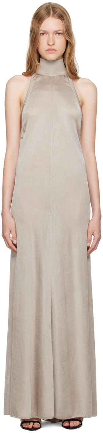 Shop Tom Ford Taupe Halterneck Knit Evening Maxi Dress In Ig021 Grey Snow