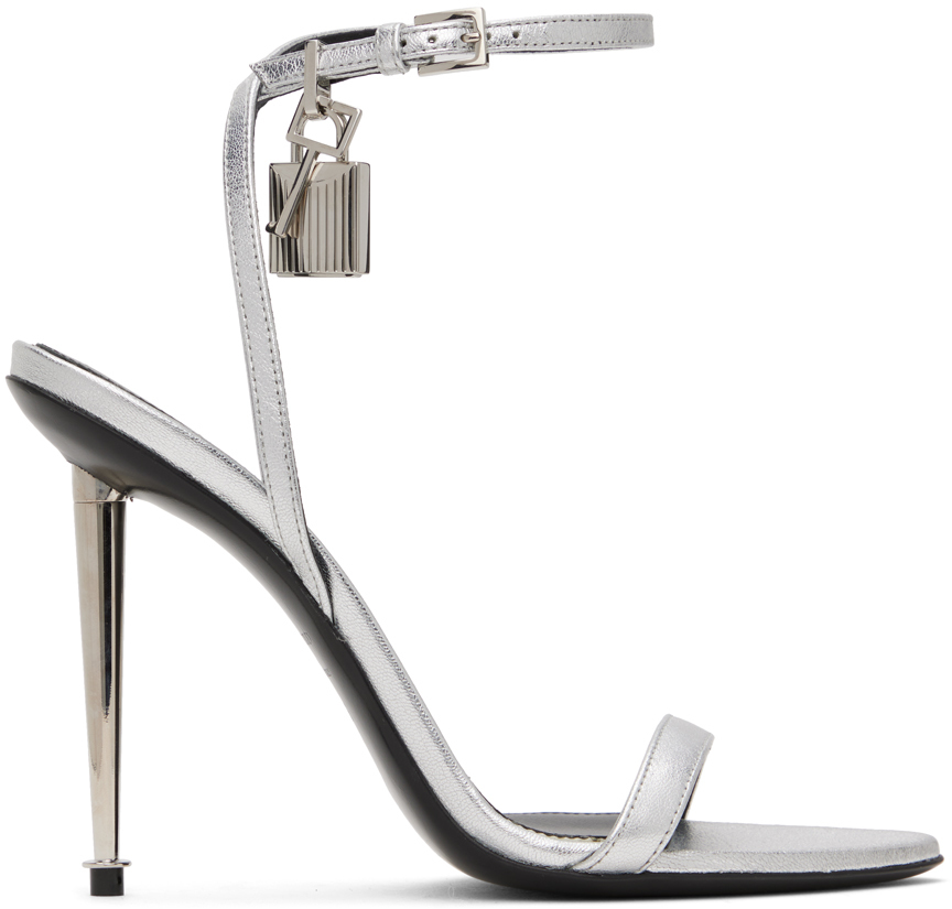 Silver Padlock Pointy Naked Heeled Sandals