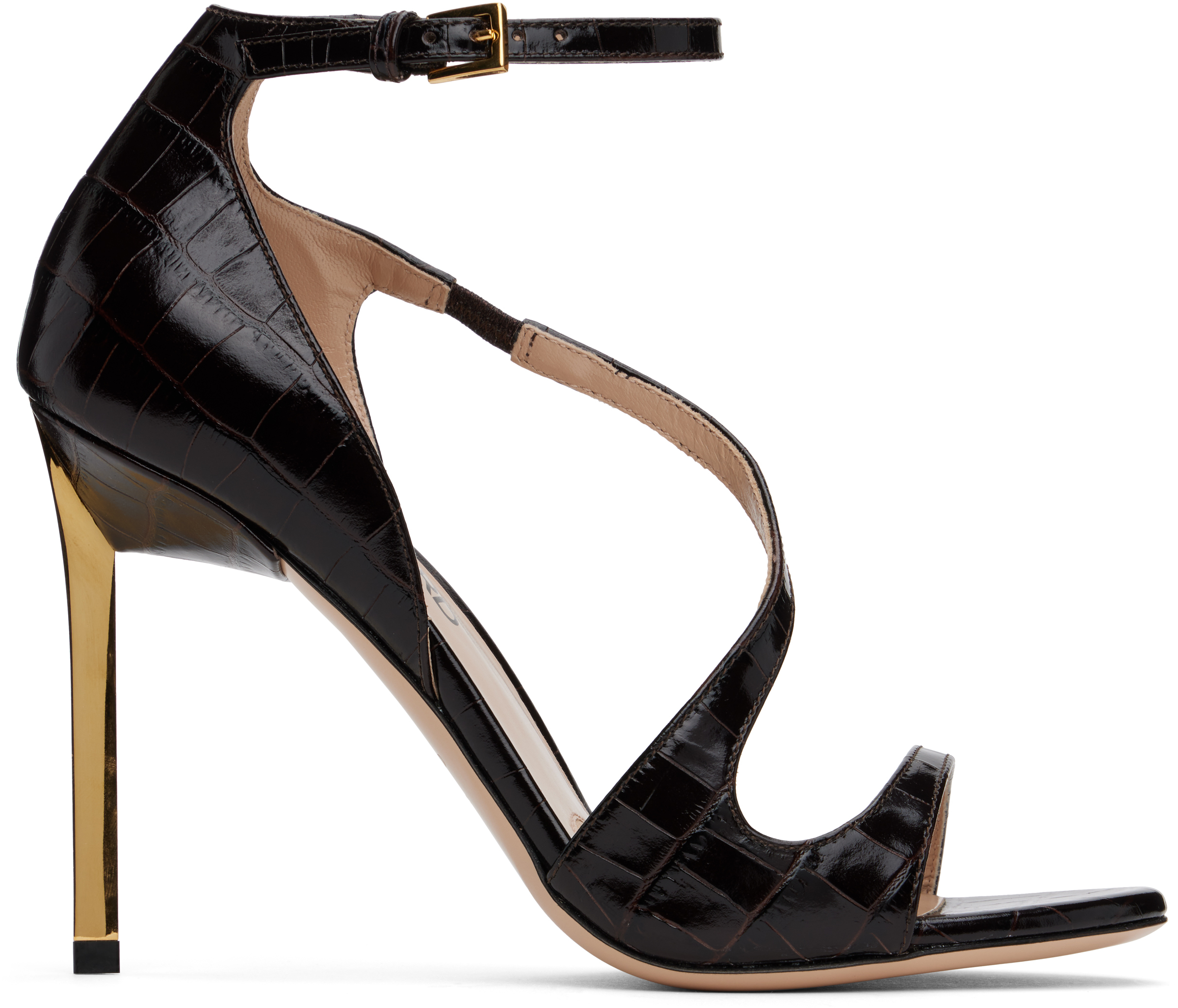 Shop Tom Ford Brown Shiny Stamped Crocodile Heeled Sandals In 1b087 Espresso