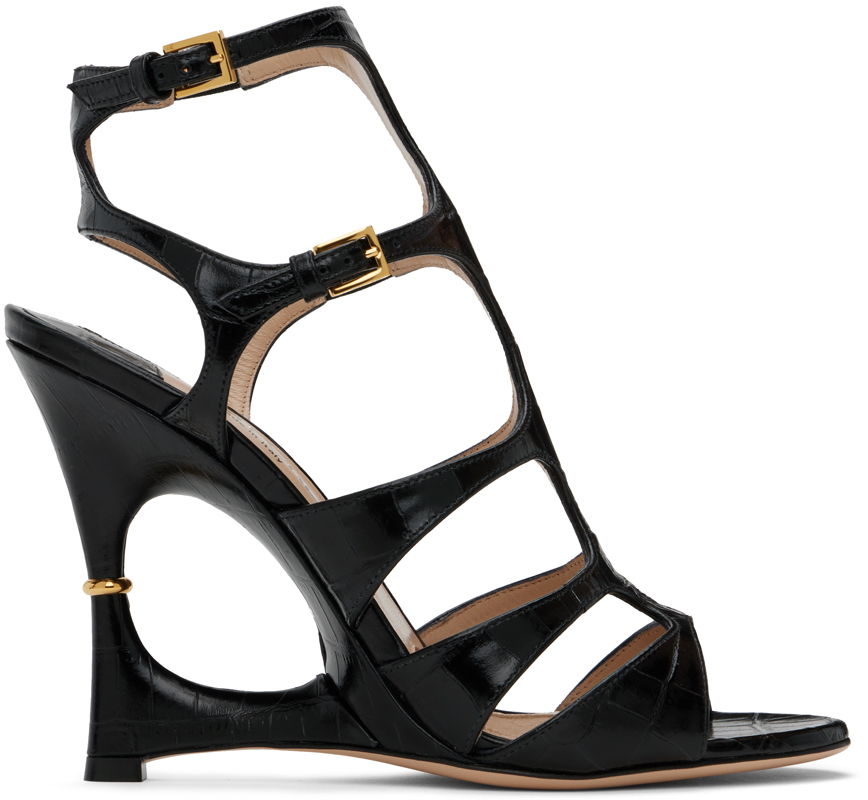 Black Shiny Stamped Crocodile Heeled Sandals by TOM FORD on Sale