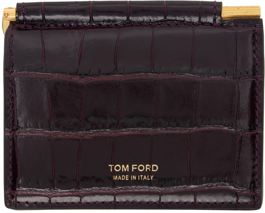 Shop Tom Ford バーガンディ シャイニー クロコ マネークリップ 二つ折りカードケース In Dark Plum