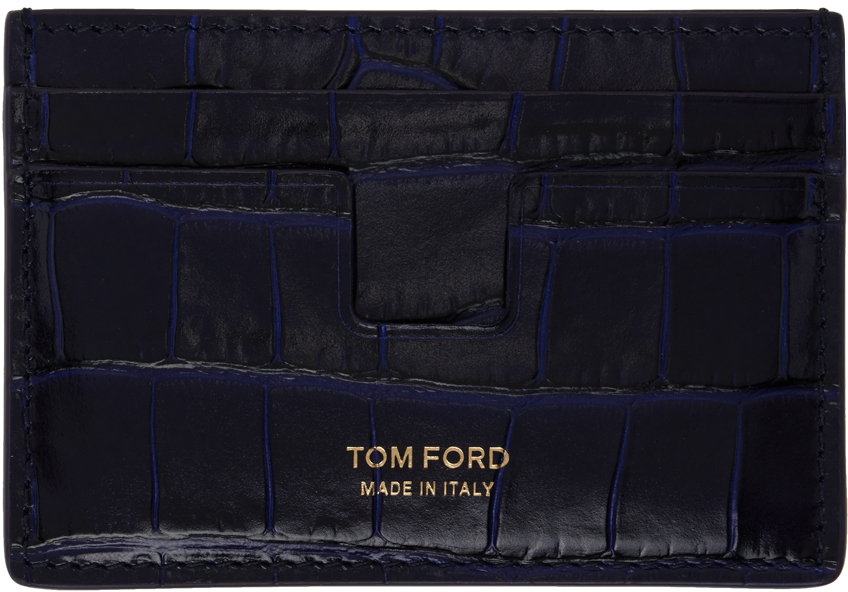 Shop Tom Ford ネイビー シャイニー クロコエンボス T-line カードケース In Royal Blue