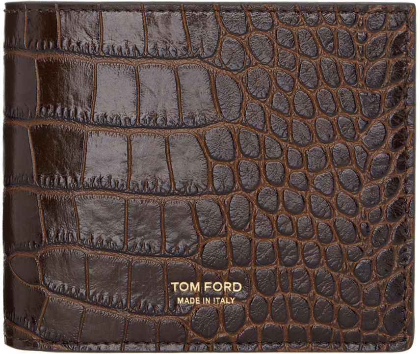 Shop Tom Ford Brown Shiny Croc T Line Classic Bifold Wallet In Cognac